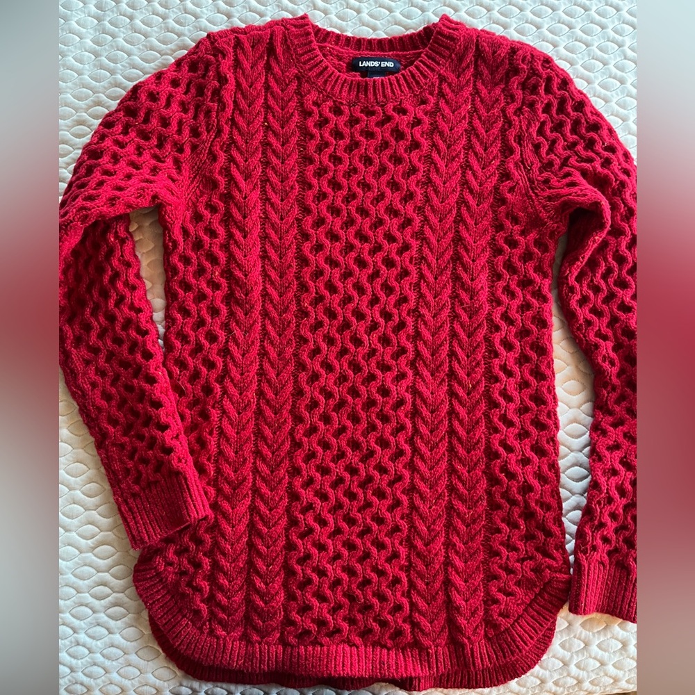 Red Land's End chunky knit fisherman style sweater